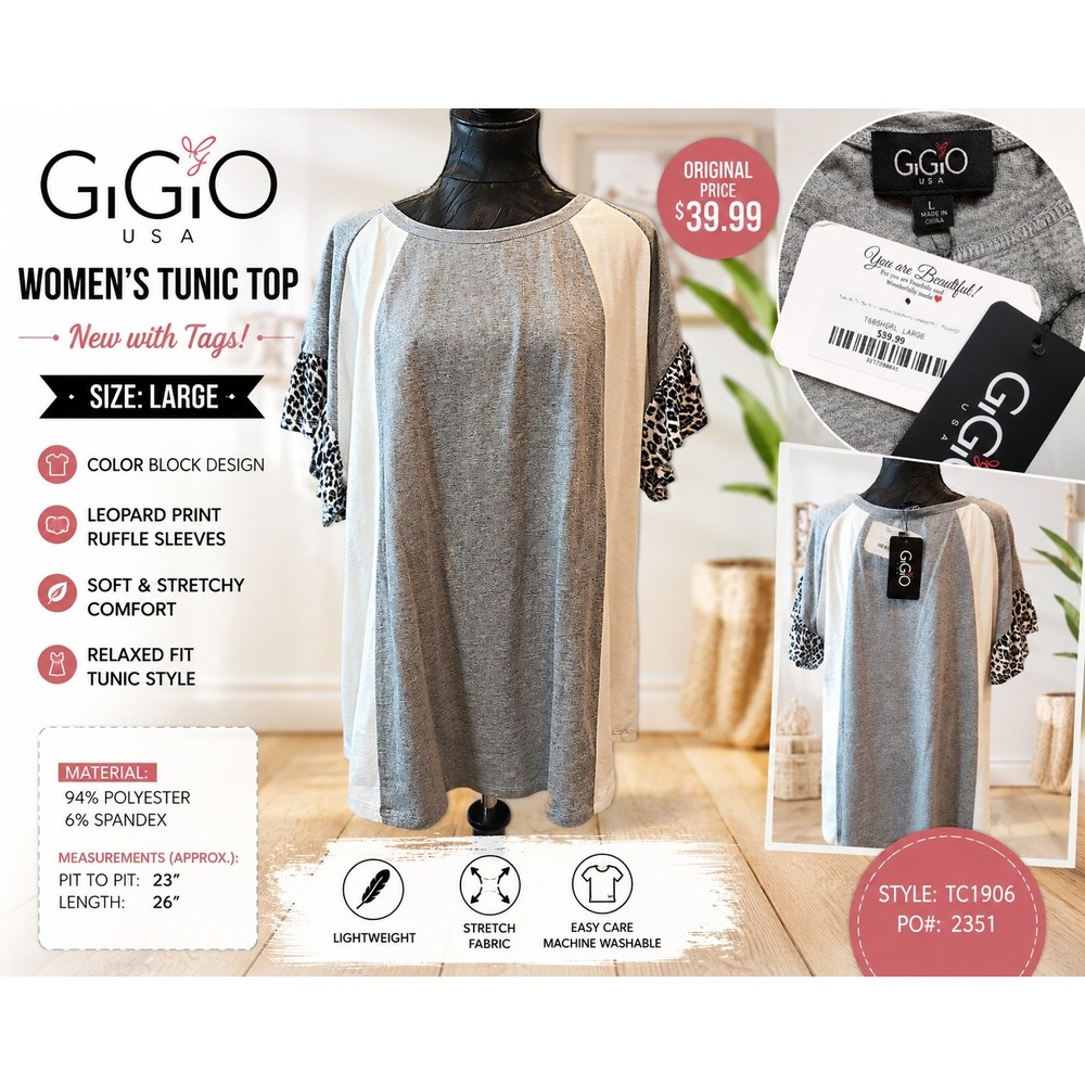Gigio USA Womens Tunic Top Grey Cream Color Block Leopard Ruffle Sleeve TC1906 L
